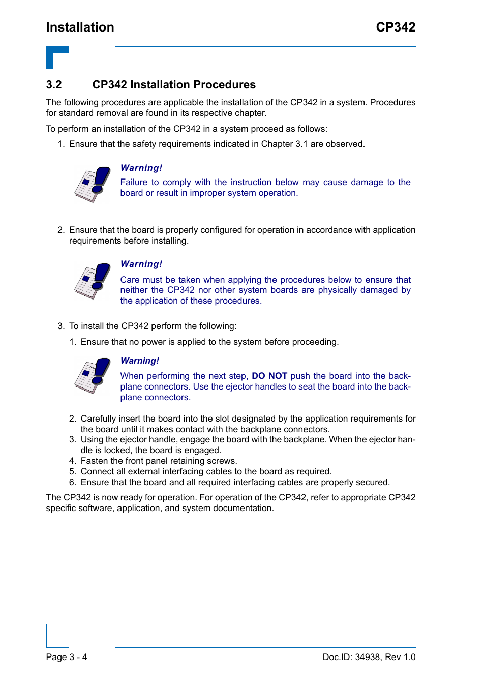 2 cp342 installation procedures, 2 cp342 installation procedures - 4, Installation cp342 | Kontron CP342 User Manual | Page 42 / 52