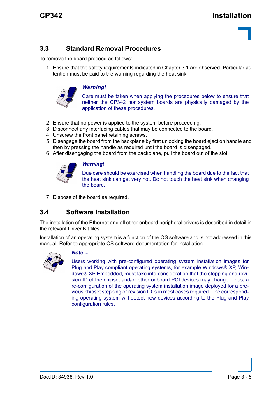 3 standard removal procedures, 4 software installation, Cp342 installation | Kontron CP342 User Manual | Page 43 / 52