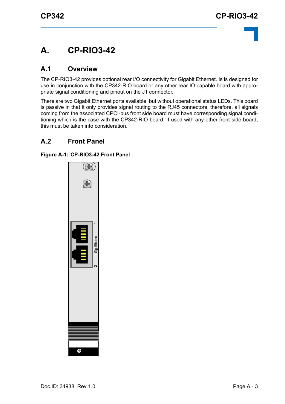 A. cp-rio3-42, A.1 overview, A.2 front panel | Kontron CP342 User Manual | Page 47 / 52