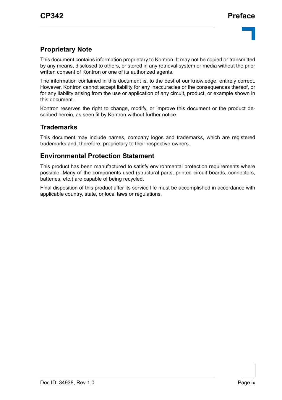 Proprietary note, Trademarks, Environmental protection statement | Cp342 preface | Kontron CP342 User Manual | Page 9 / 52