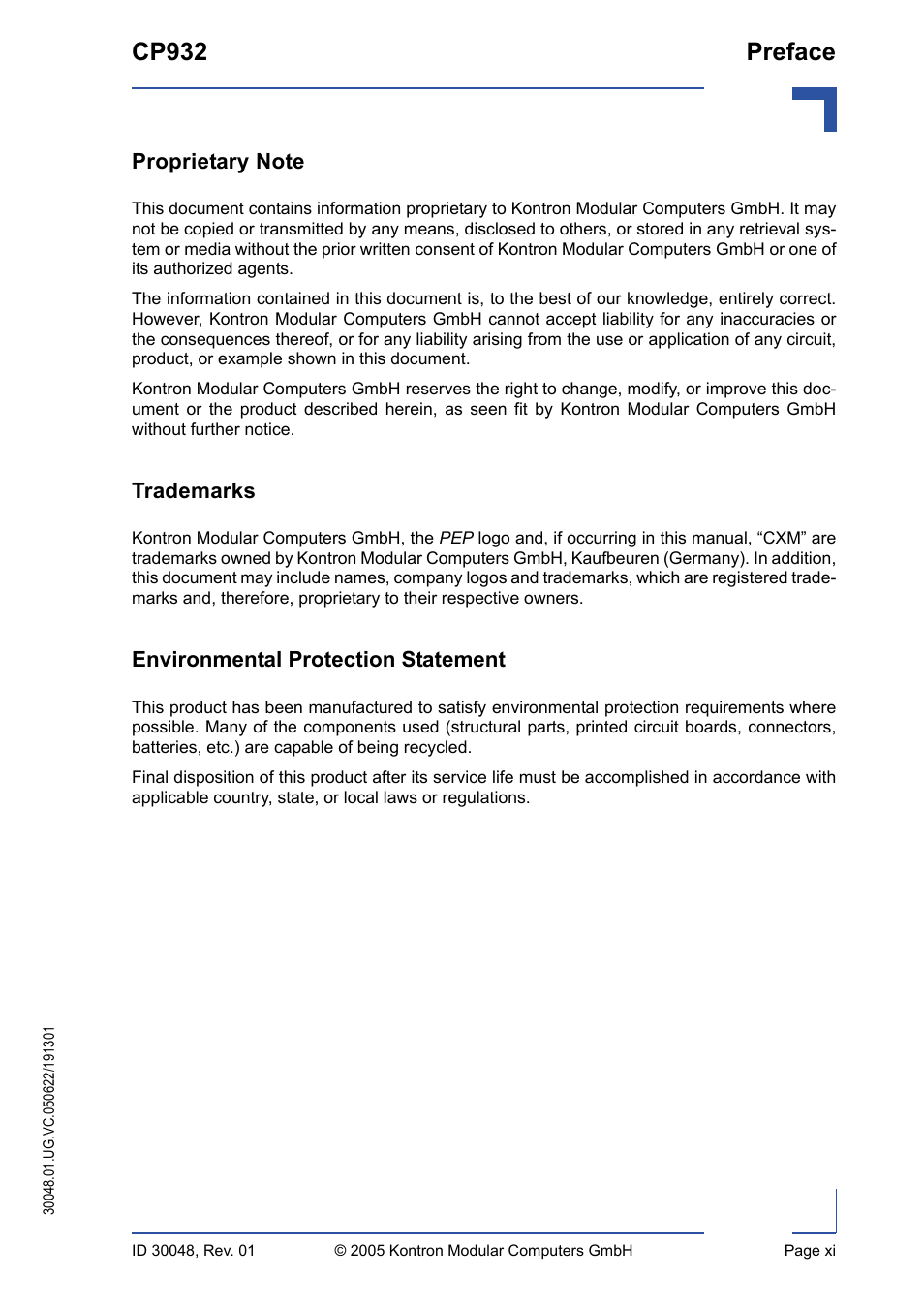 Proprietary note, Trademarks, Environmental protection statement | Cp932 preface | Kontron CP932 User Manual | Page 11 / 52