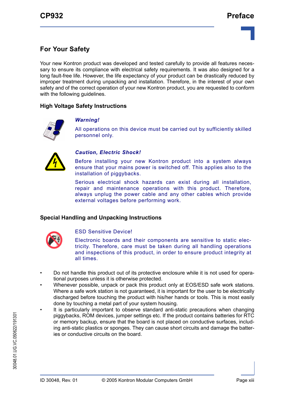 For your safety, High voltage safety instructions, Special handling and unpacking instructions | Cp932 preface | Kontron CP932 User Manual | Page 13 / 52