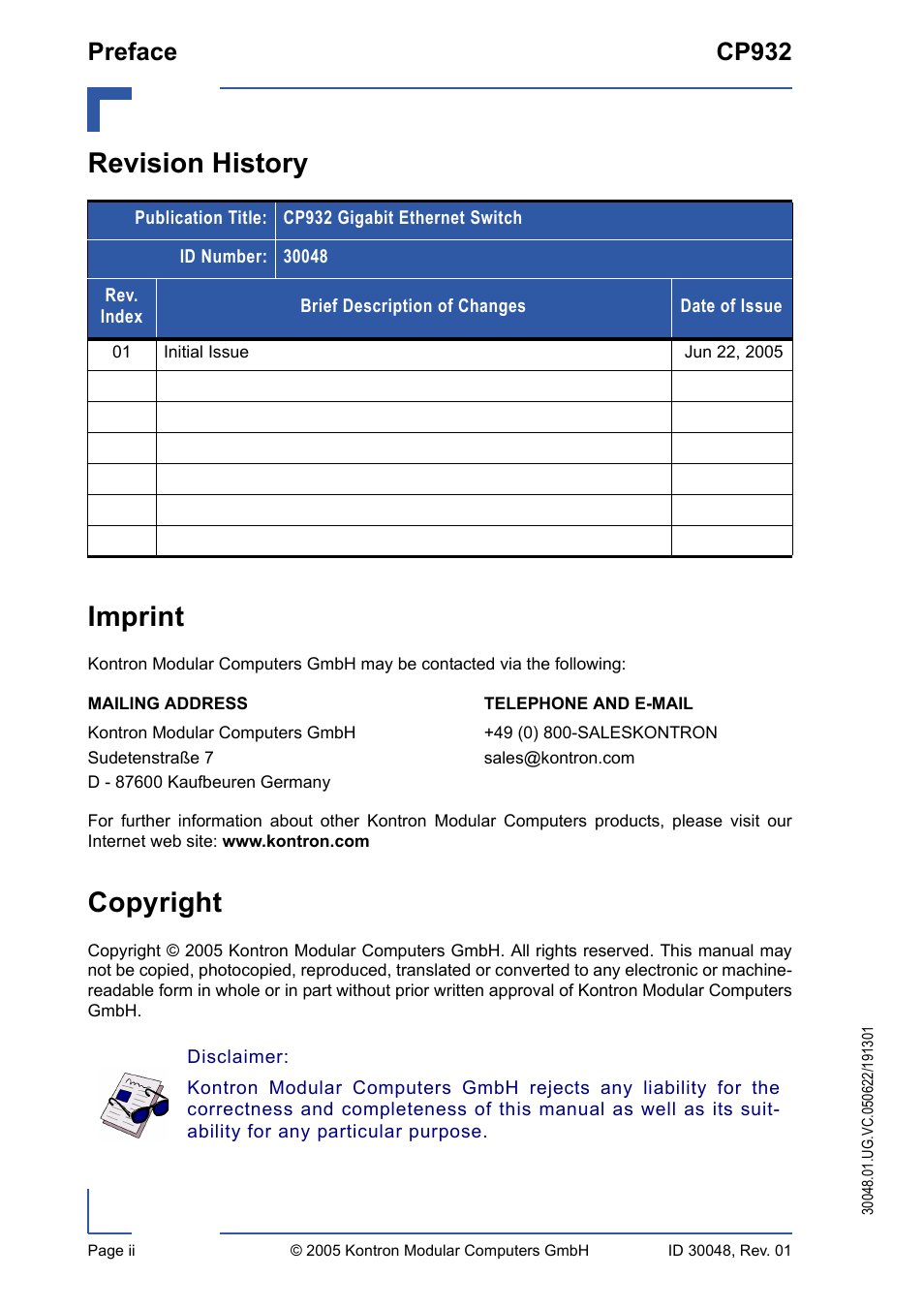 Revision history, Imprint, Copyright | Revision history imprint, Preface cp932 | Kontron CP932 User Manual | Page 2 / 52