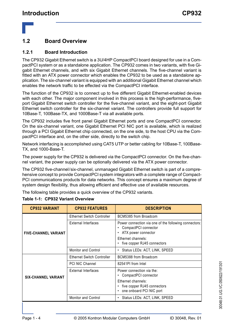 2 board overview, 1 board introduction, Board introduction - 4 | Cp932 variant overview - 4, Introduction cp932 | Kontron CP932 User Manual | Page 20 / 52