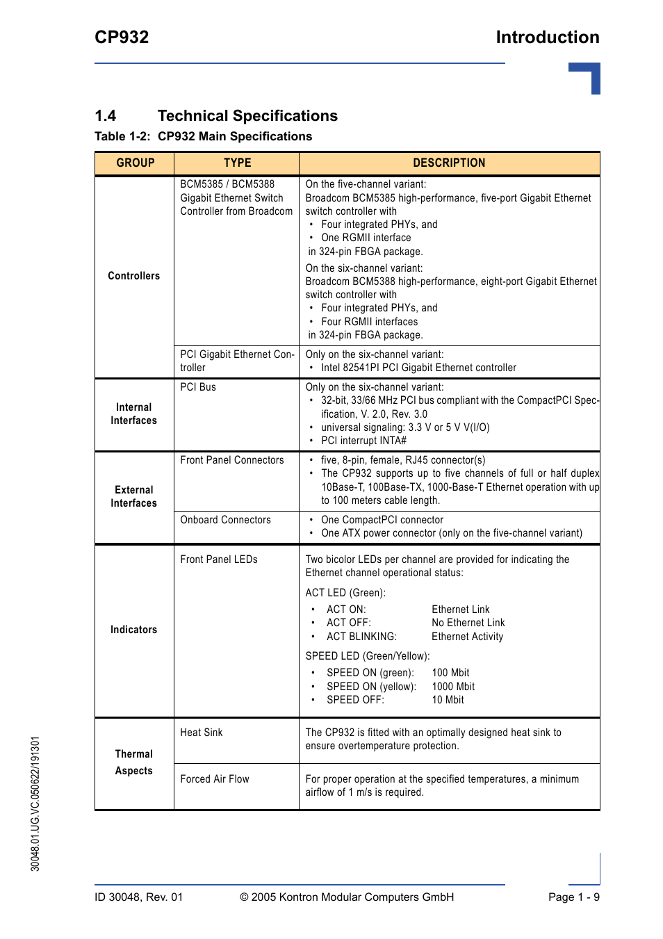 4 technical specifications, Cp932 main specifications - 9, Cp932 introduction | Kontron CP932 User Manual | Page 25 / 52