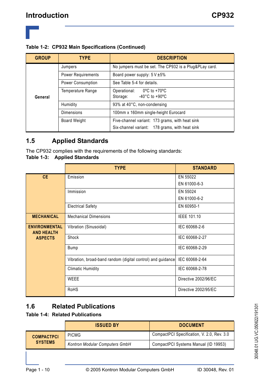 5 applied standards, 6 related publications, 5 applied standards - 10 1.6 related publications | Applied standards - 10, Related publications - 10, Introduction cp932 | Kontron CP932 User Manual | Page 26 / 52