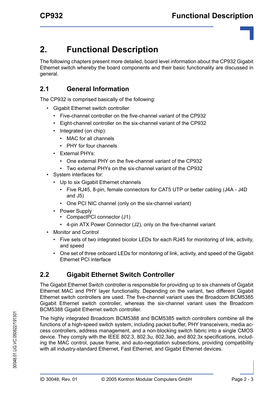 Functional description, 1 general information, 2 gigabit ethernet switch controller | Functional description - 3, Cp932 functional description | Kontron CP932 User Manual | Page 29 / 52