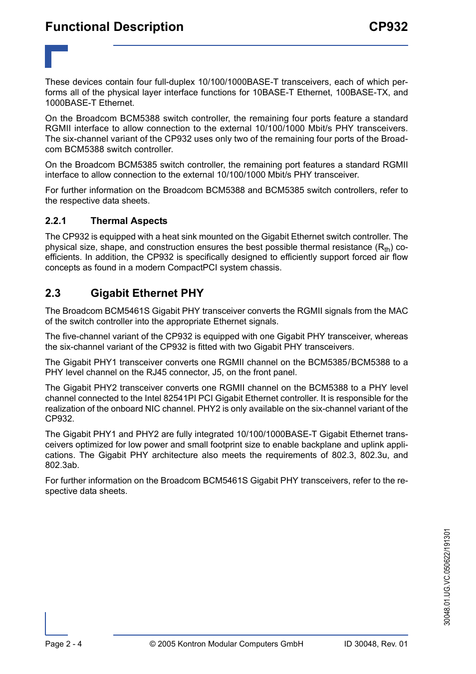 1 thermal aspects, 3 gigabit ethernet phy, Thermal aspects - 4 | 3 gigabit ethernet phy - 4, Functional description cp932 | Kontron CP932 User Manual | Page 30 / 52