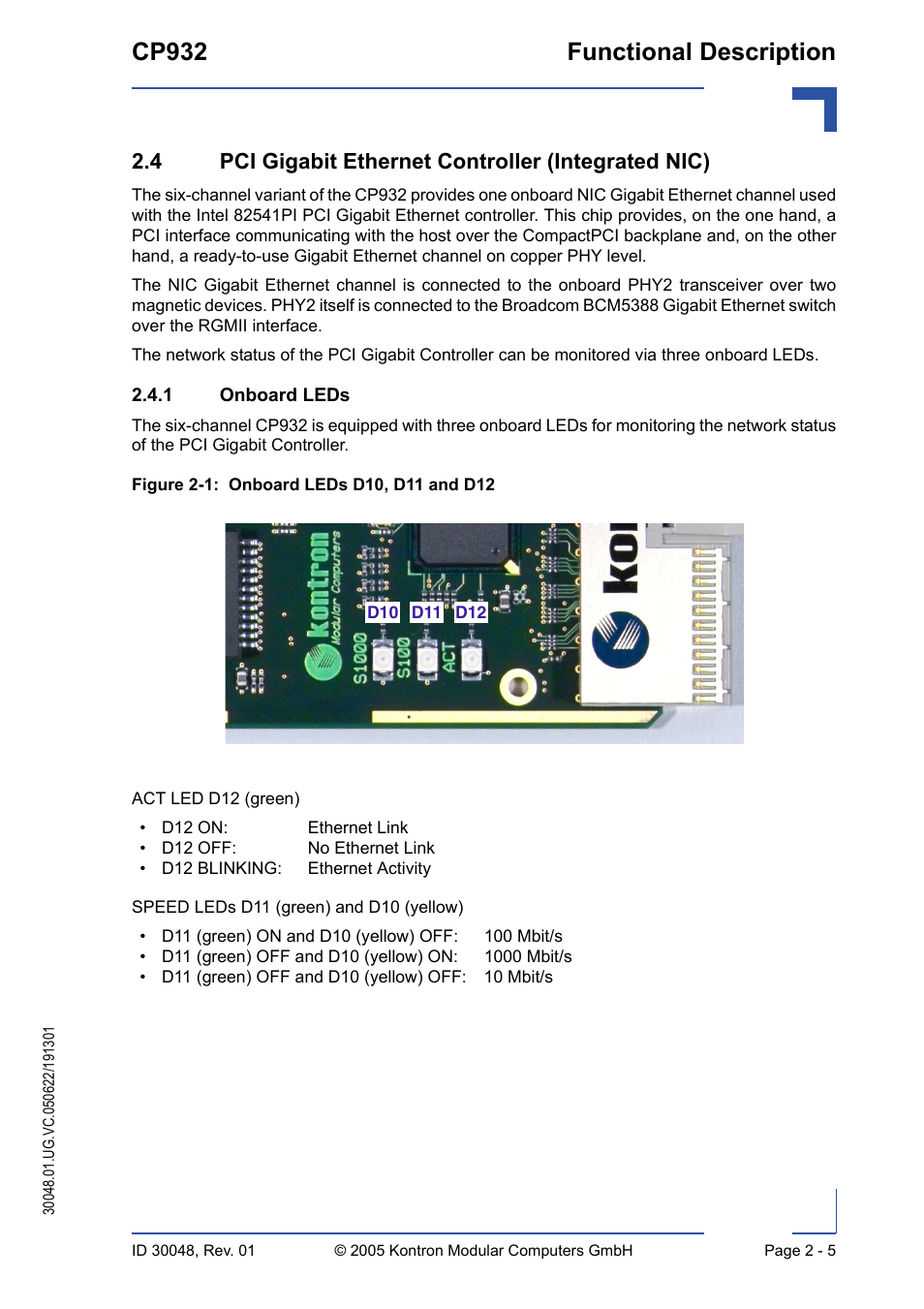 4 pci gigabit ethernet controller (integrated nic), 1 onboard leds, Onboard leds - 5 | Onboard leds d10, d11 and d12 - 5, Cp932 functional description | Kontron CP932 User Manual | Page 31 / 52