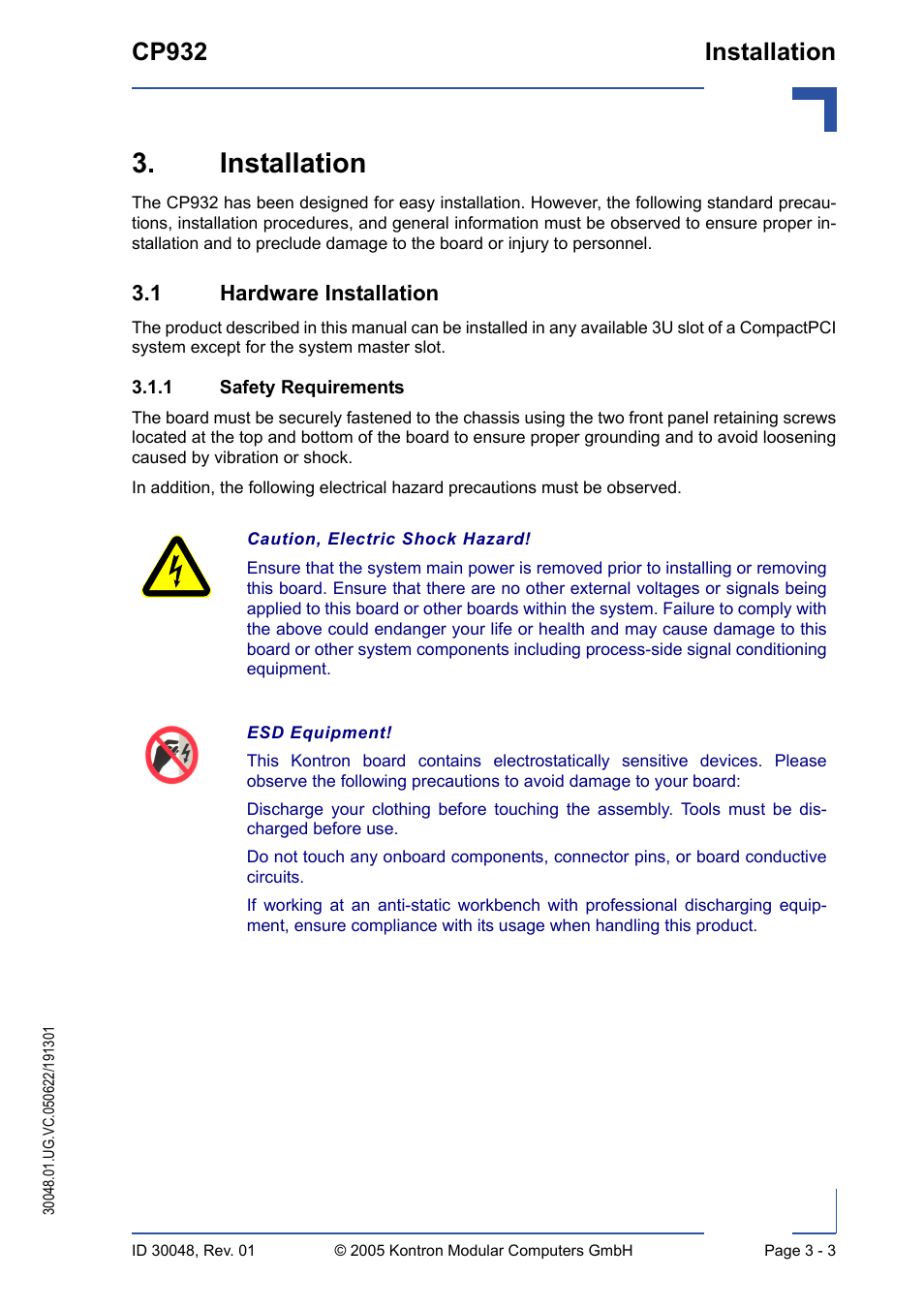 Installation, 1 hardware installation, 1 safety requirements | Installation - 3, 1 hardware installation - 3, Safety requirements - 3, Cp932 installation | Kontron CP932 User Manual | Page 39 / 52