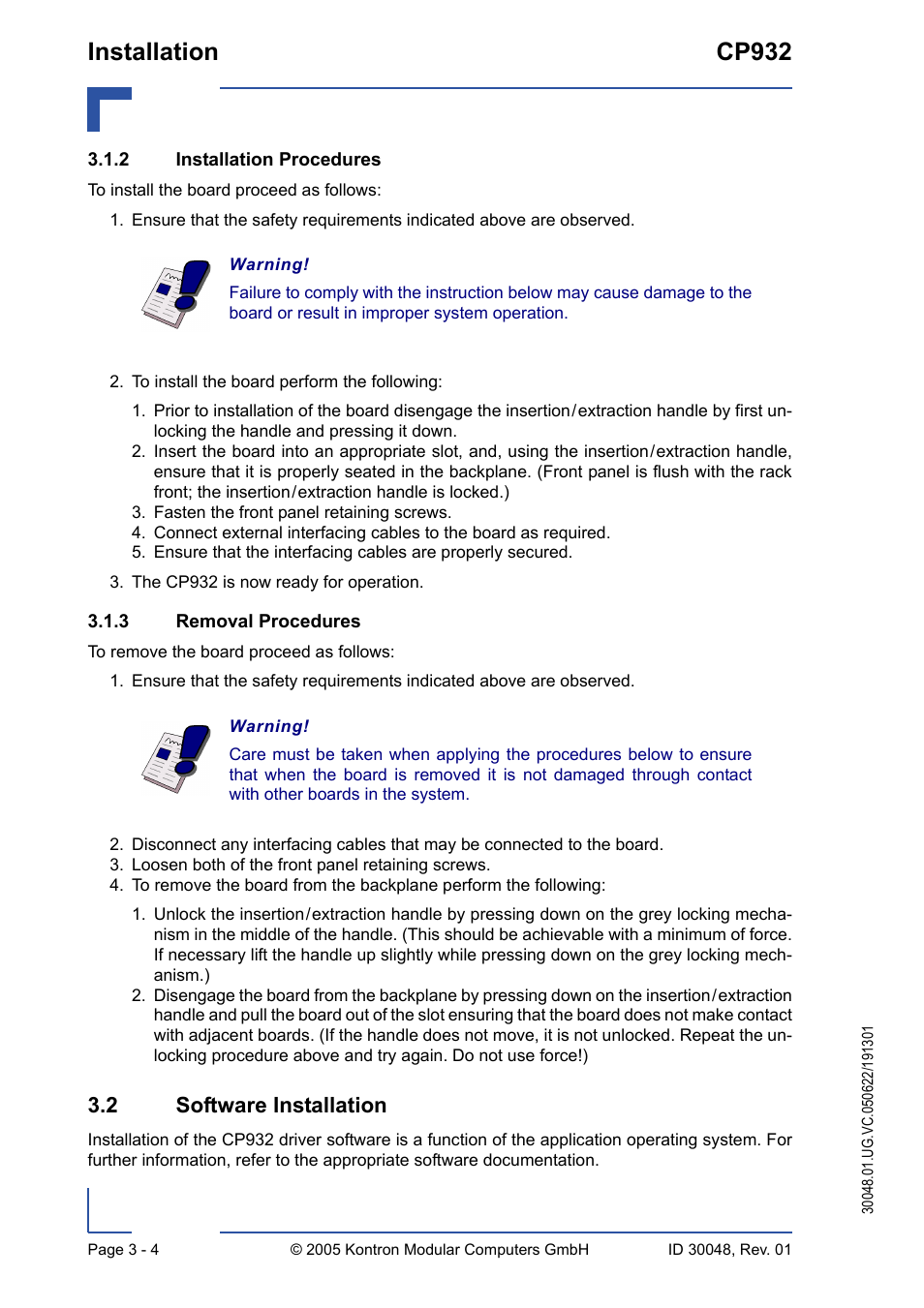 2 installation procedures, 3 removal procedures, 2 software installation | Installation procedures - 4, Removal procedures - 4, 2 software installation - 4, Installation cp932 | Kontron CP932 User Manual | Page 40 / 52