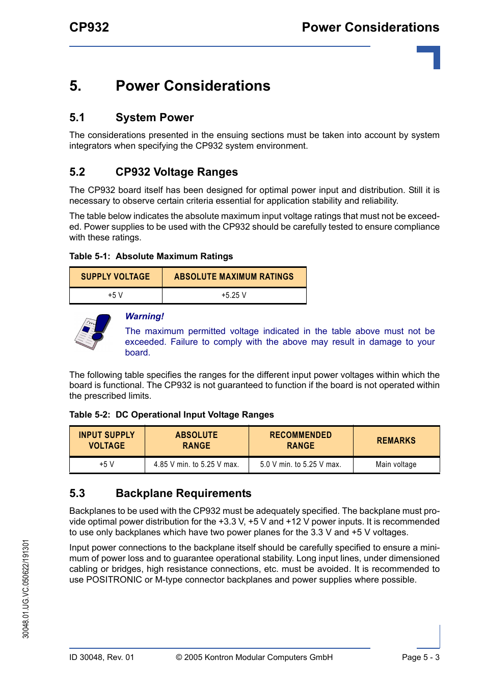Power considerations, 1 system power, 2 cp932 voltage ranges | 3 backplane requirements, Absolute maximum ratings - 3, Dc operational input voltage ranges - 3, Cp932 power considerations | Kontron CP932 User Manual | Page 47 / 52