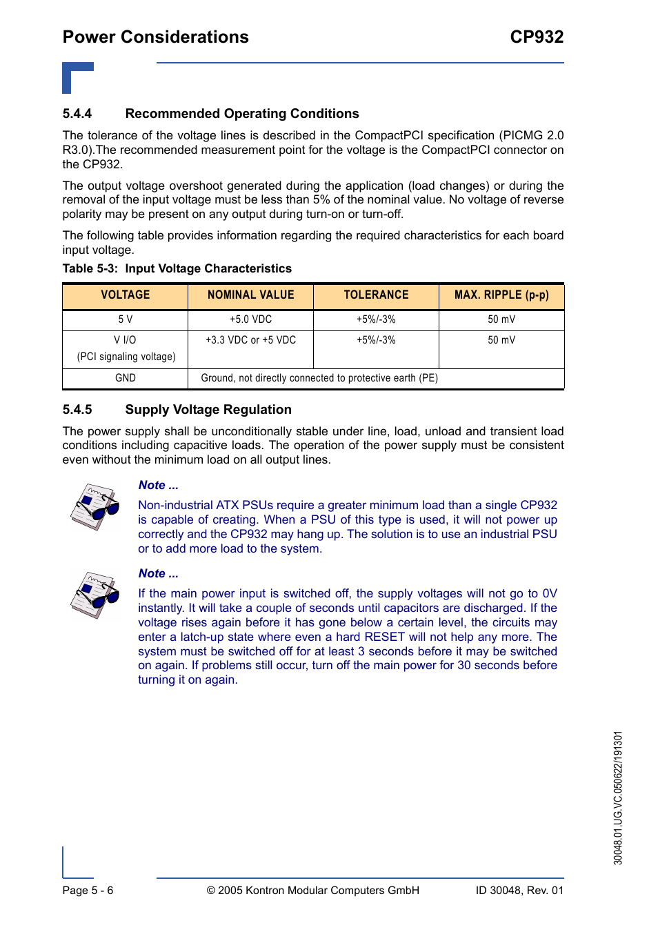 4 recommended operating conditions, 5 supply voltage regulation, Recommended operating conditions - 6 | Supply voltage regulation - 6, Input voltage characteristics - 6, Power considerations cp932 | Kontron CP932 User Manual | Page 50 / 52