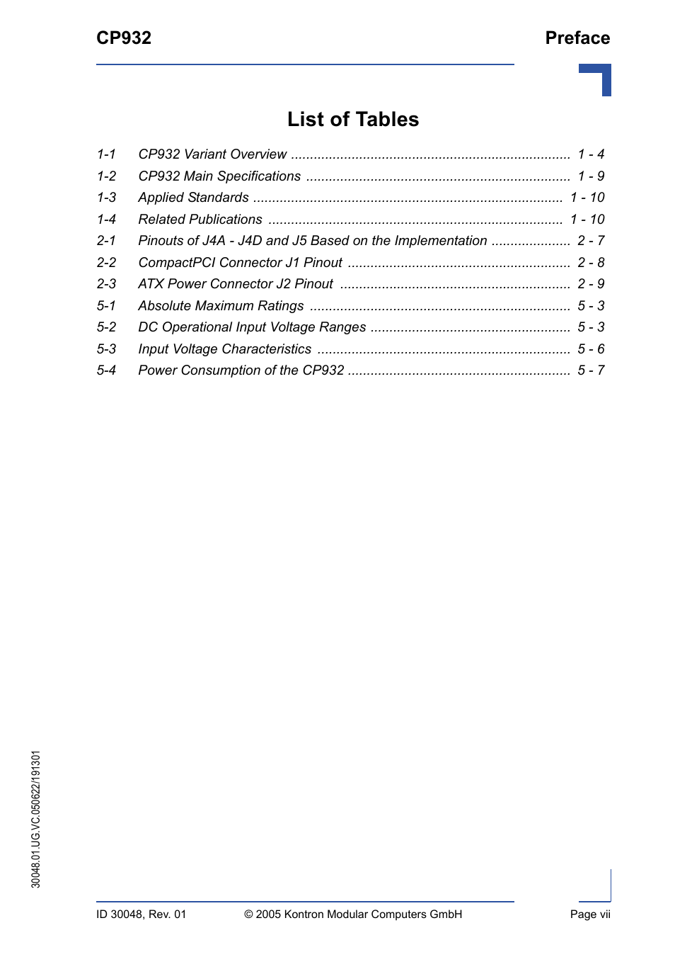 List of tables, Cp932 preface | Kontron CP932 User Manual | Page 7 / 52