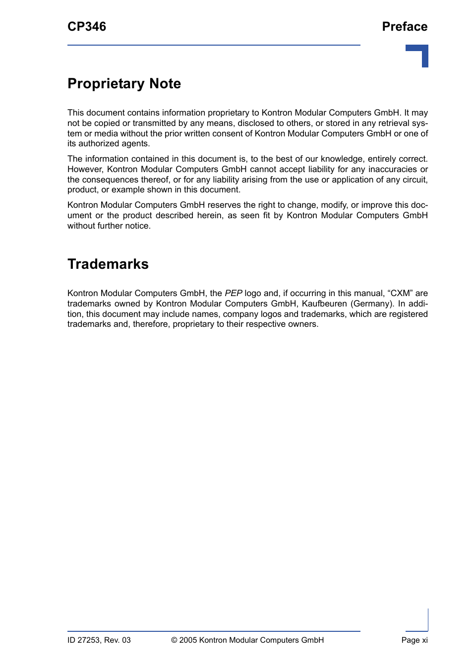 Proprietary note, Trademarks, Cp346 preface | Kontron CP346 User Manual | Page 11 / 72