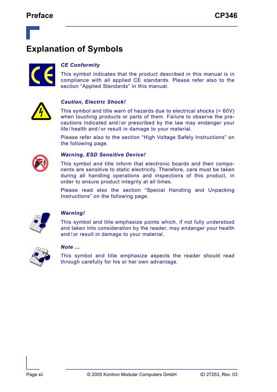 Explanation of symbols, Preface cp346 | Kontron CP346 User Manual | Page 12 / 72