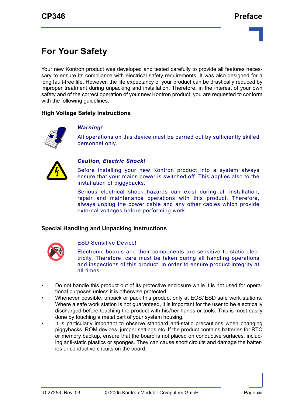 For your safety, High voltage safety instructions, Special handling and unpacking instructions | Cp346 preface | Kontron CP346 User Manual | Page 13 / 72