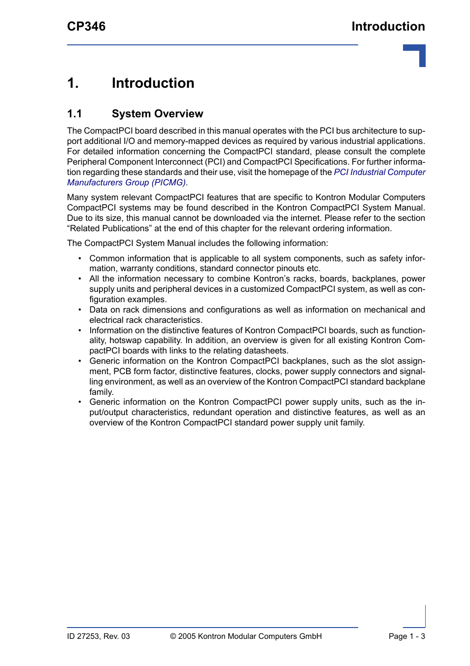 Introduction, 1 system overview, Introduction - 3 | 1 system overview - 3, Cp346 introduction | Kontron CP346 User Manual | Page 19 / 72