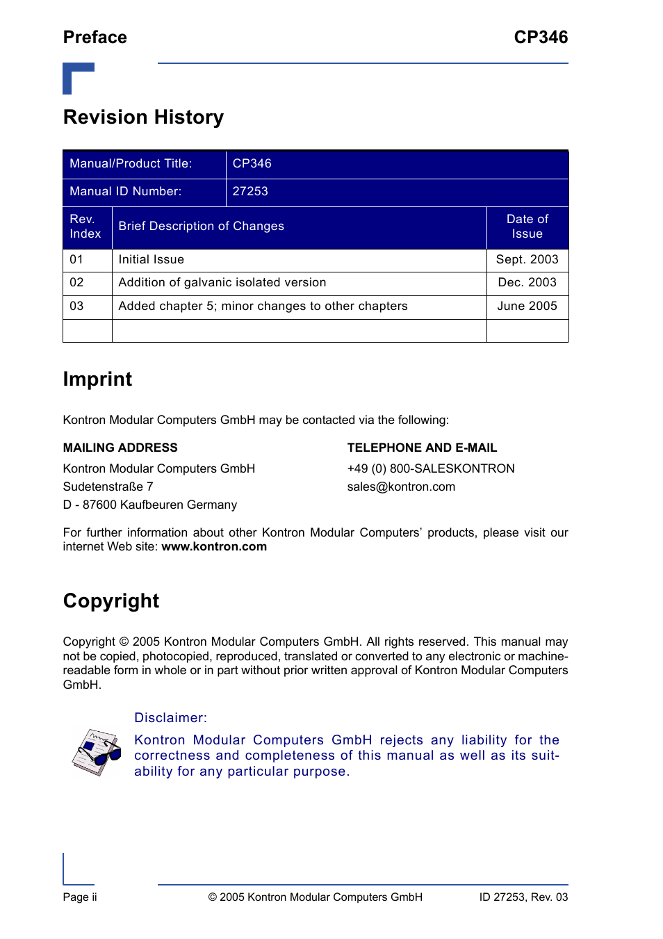 Revision history, Imprint, Copyright | Revision history imprint, Preface cp346 | Kontron CP346 User Manual | Page 2 / 72