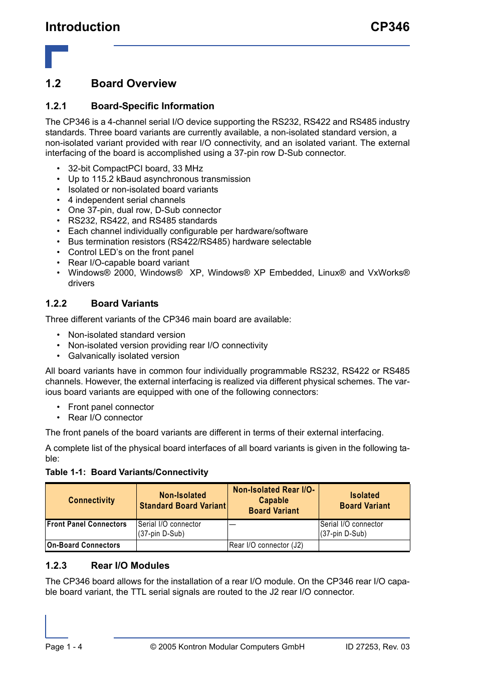 2 board overview, 1 board-specific information, 2 board variants | 3 rear i/o modules, 2 board overview - 4, Board-specific information - 4, Board variants - 4, Rear i/o modules - 4, Board variants/connectivity - 4, Introduction cp346 | Kontron CP346 User Manual | Page 20 / 72