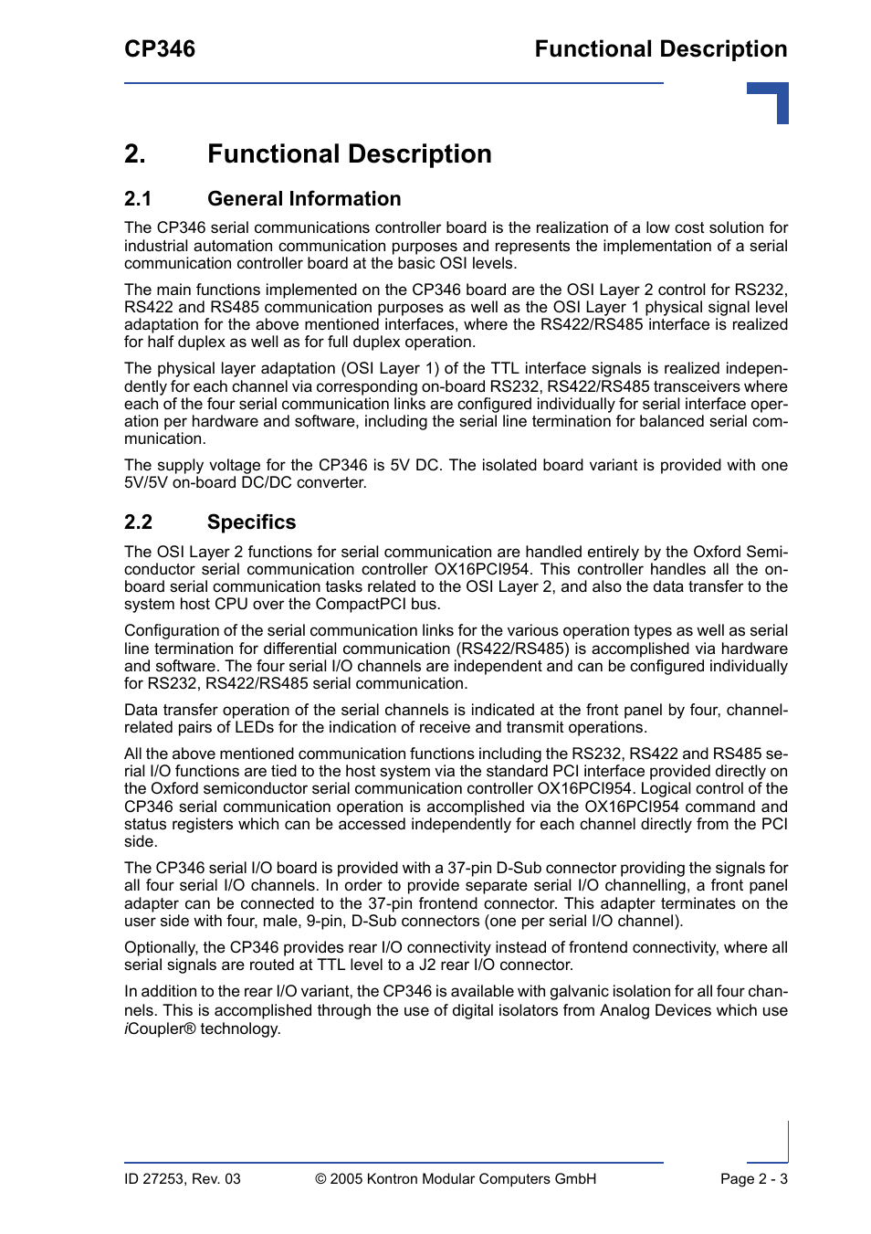 Functional description, 1 general information, 2 specifics | Functional description - 3, 1 general information - 3 2.2 specifics - 3, Cp346 functional description | Kontron CP346 User Manual | Page 31 / 72