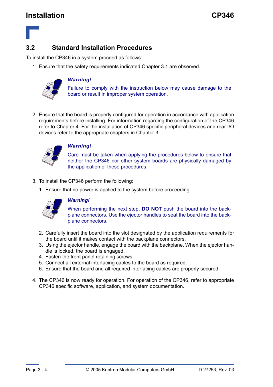 2 standard installation procedures, 2 standard installation procedures - 4, Installation cp346 | Kontron CP346 User Manual | Page 44 / 72