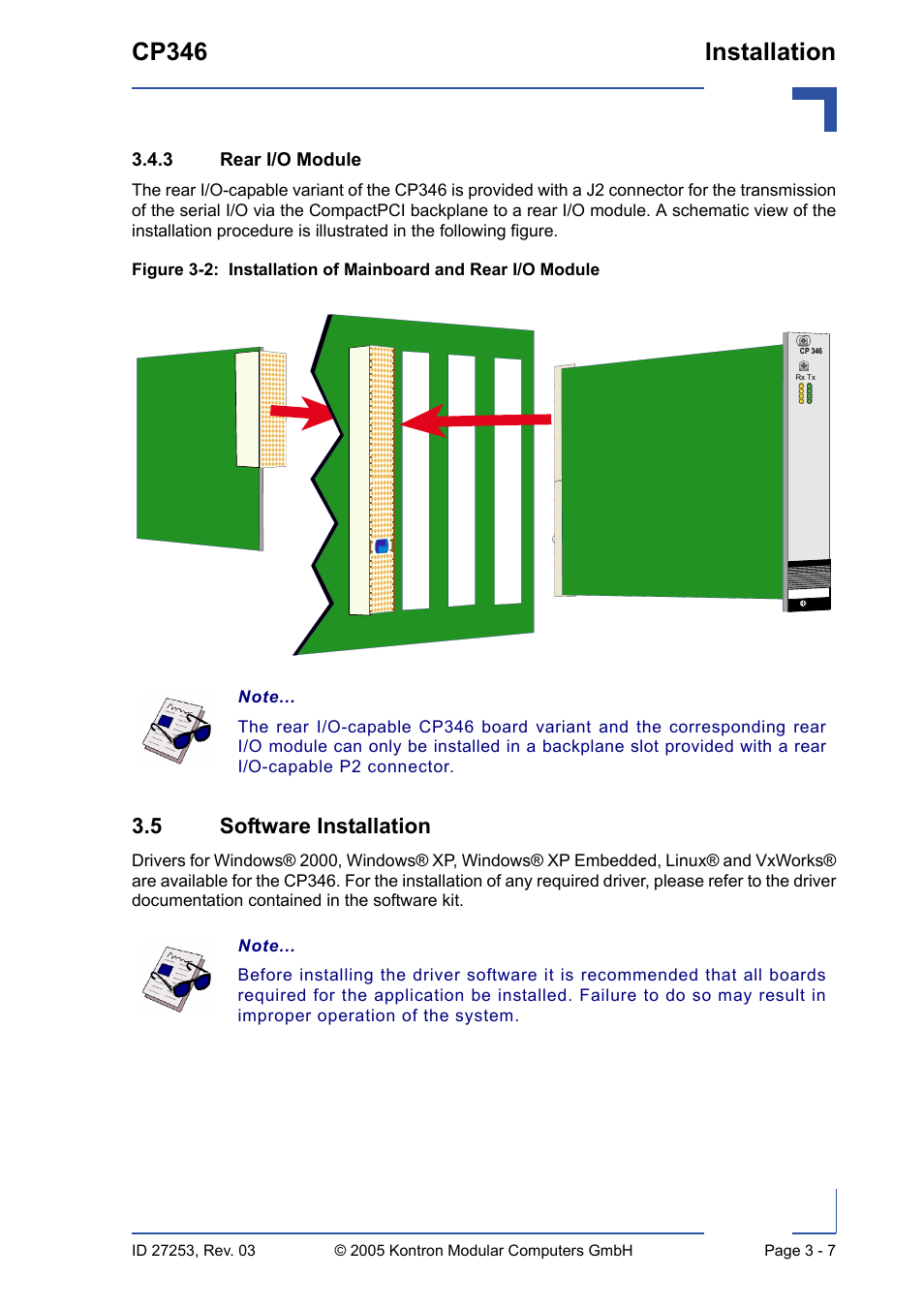 3 rear i/o module, 5 software installation, Rear i/o module - 7 | 5 software installation - 7, Installation of mainboard and rear i/o module - 7, Cp346 installation | Kontron CP346 User Manual | Page 47 / 72