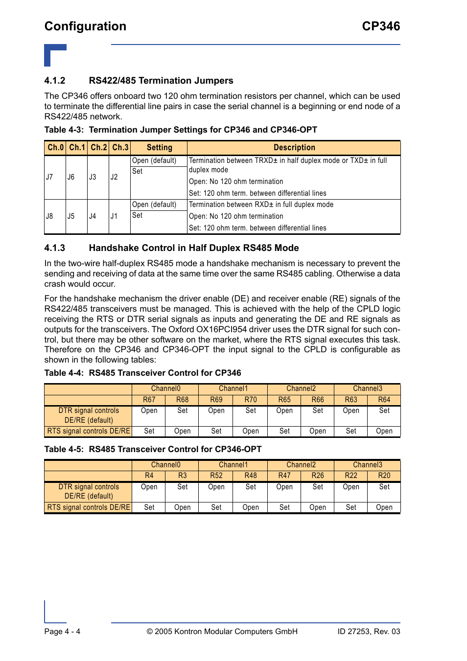 2 rs422/485 termination jumpers, 3 handshake control in half duplex rs485 mode, Rs422/485 termination jumpers - 4 | Handshake control in half duplex rs485 mode - 4, Rs485 transceiver control for cp346 - 4, Rs485 transceiver control for cp346-opt - 4, Configuration cp346 | Kontron CP346 User Manual | Page 52 / 72