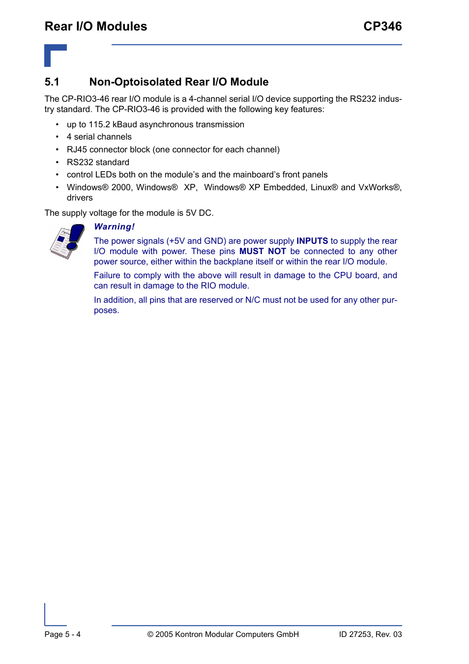 1 non-optoisolated rear i/o module, 1 non-optoisolated rear i/o module - 4, Rear i/o modules cp346 | Kontron CP346 User Manual | Page 58 / 72