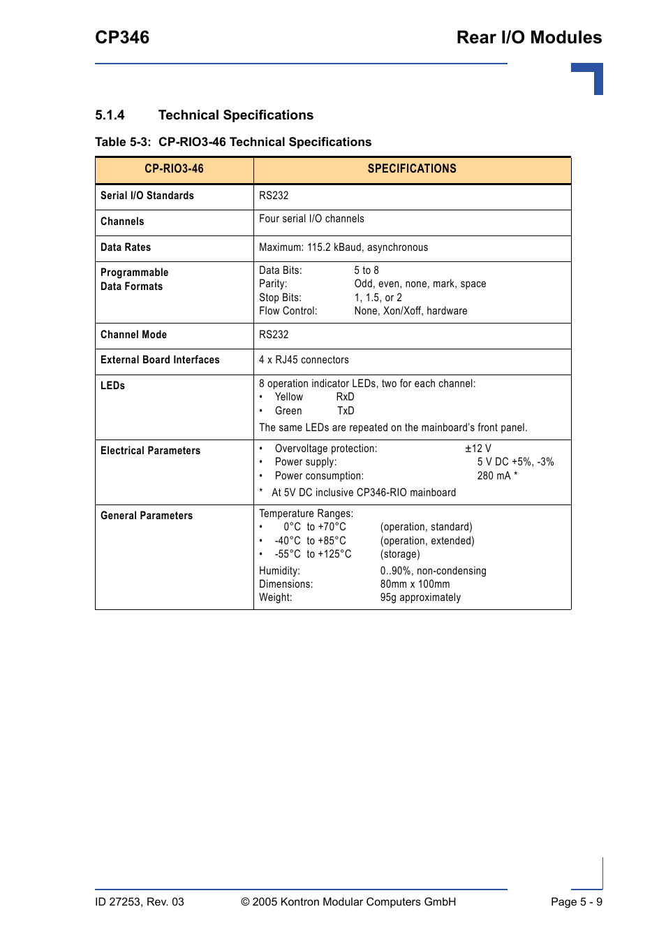 4 technical specifications, Technical specifications - 9, Cp-rio3-46 technical specifications - 9 | Cp346 rear i/o modules | Kontron CP346 User Manual | Page 63 / 72
