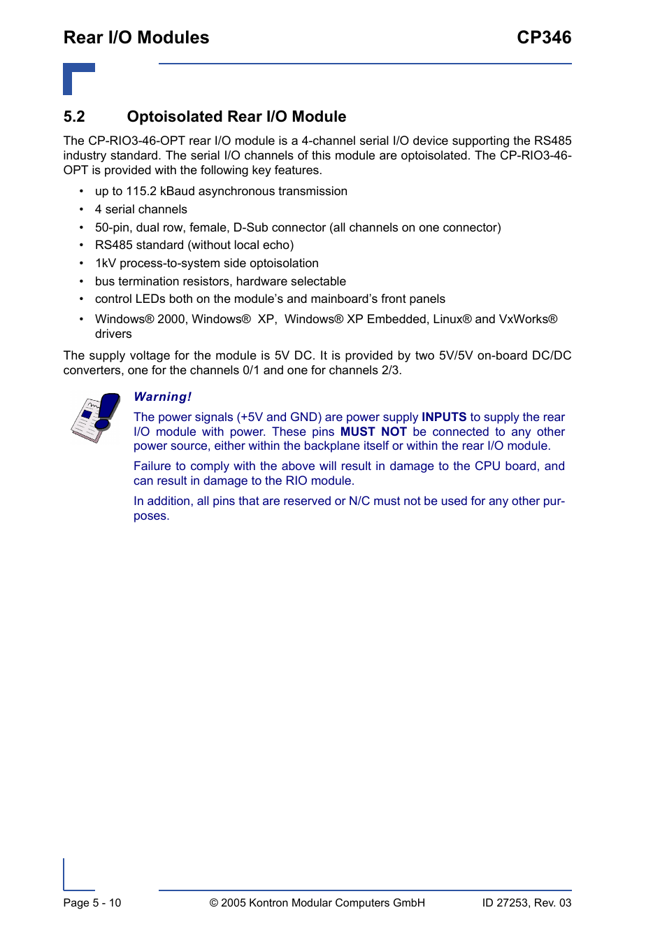 2 optoisolated rear i/o module, 2 optoisolated rear i/o module - 10, Rear i/o modules cp346 | Kontron CP346 User Manual | Page 64 / 72