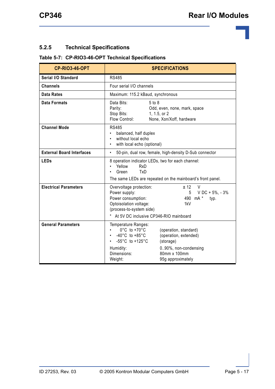 5 technical specifications, Technical specifications - 17, Cp-rio3-46-opt technical specifications - 17 | Cp346 rear i/o modules | Kontron CP346 User Manual | Page 71 / 72
