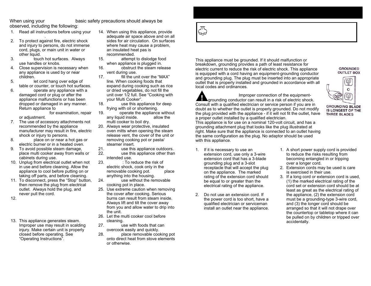 Save these instructions, Important safety instructions, For household use only | Grounding instructions, Warning | Bravetti PLATINUM PRO MC665H User Manual | Page 2 / 10