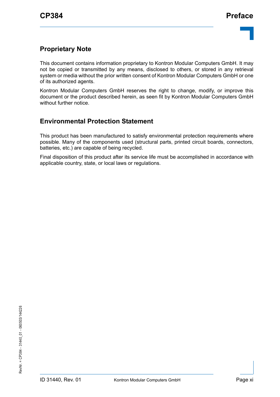 Proprietary note, Environmental protection statement, Cp384 preface | Kontron CP384 User Manual | Page 11 / 66