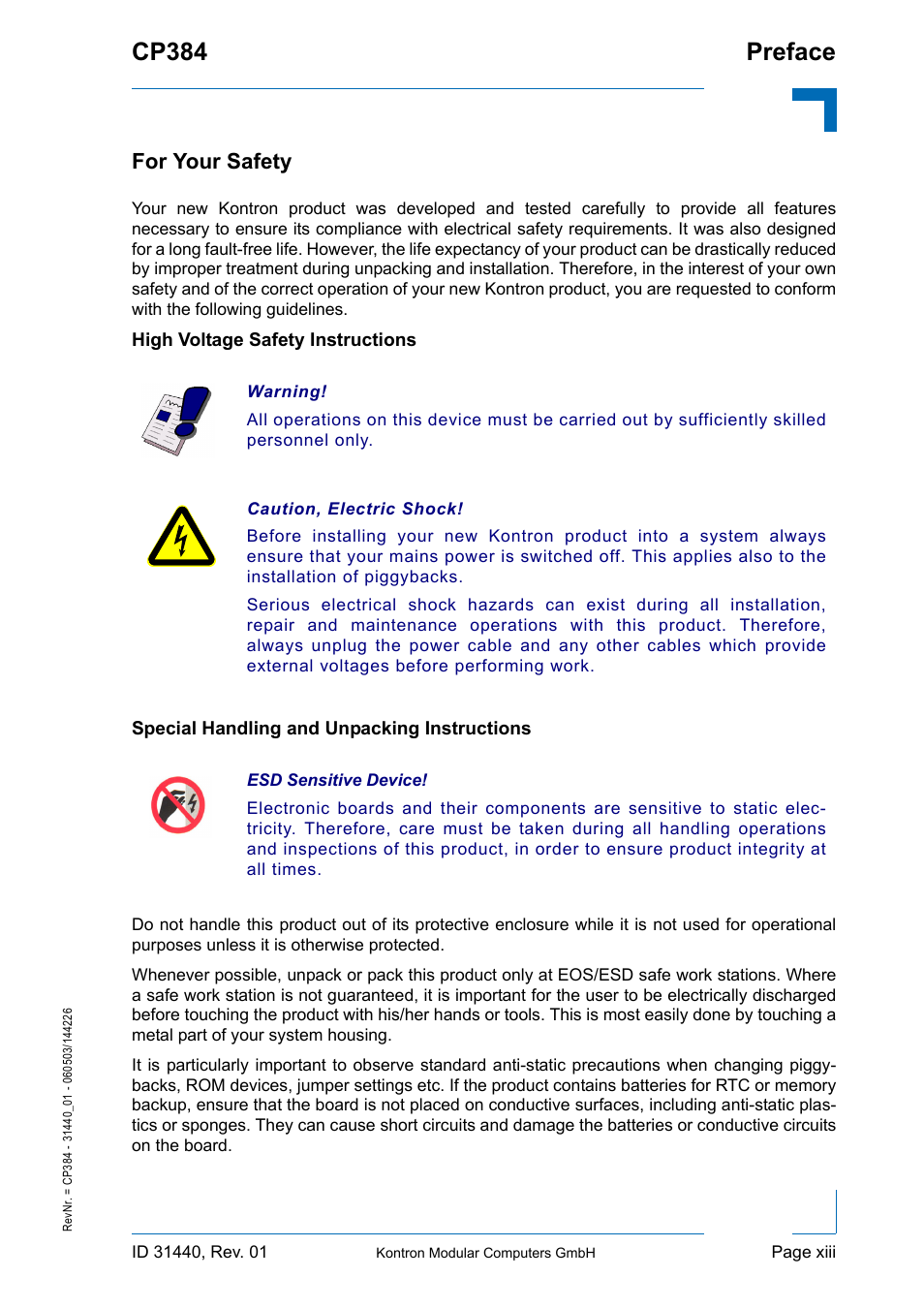 For your safety, High voltage safety instructions, Special handling and unpacking instructions | Cp384 preface | Kontron CP384 User Manual | Page 13 / 66