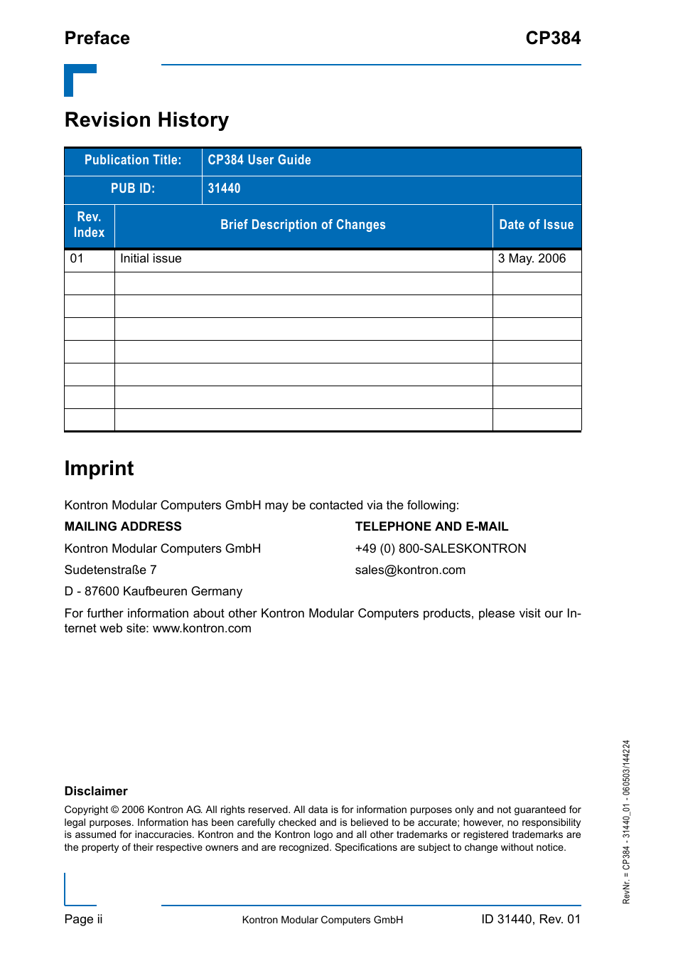 Revision history, Imprint, Disclaimer | Revision history imprint, Preface cp384 | Kontron CP384 User Manual | Page 2 / 66