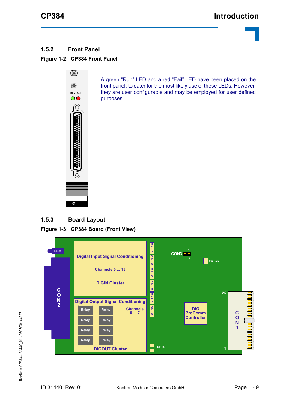 2 front panel, 3 board layout, Front panel - 9 | Board layout - 9, Introduction cp384, Page 1 - 9, Co n 2, Co n 1 | Kontron CP384 User Manual | Page 25 / 66