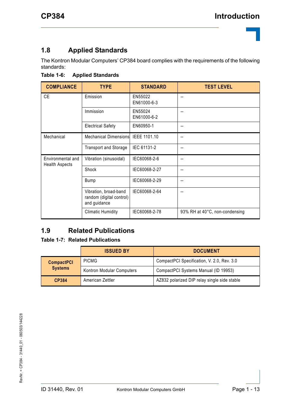 8 applied standards, 9 related publications, 8 applied standards - 13 1.9 related publications | Introduction cp384 | Kontron CP384 User Manual | Page 29 / 66