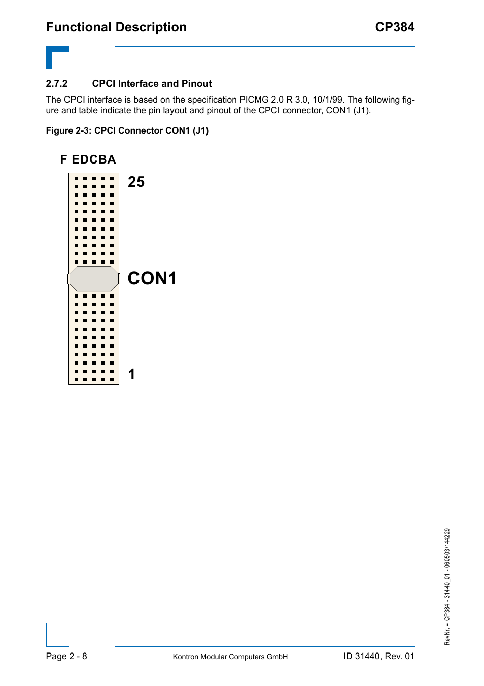 2 cpci interface and pinout, Cpci interface and pinout - 8, Con1 | Functional description cp384, F edcba | Kontron CP384 User Manual | Page 38 / 66