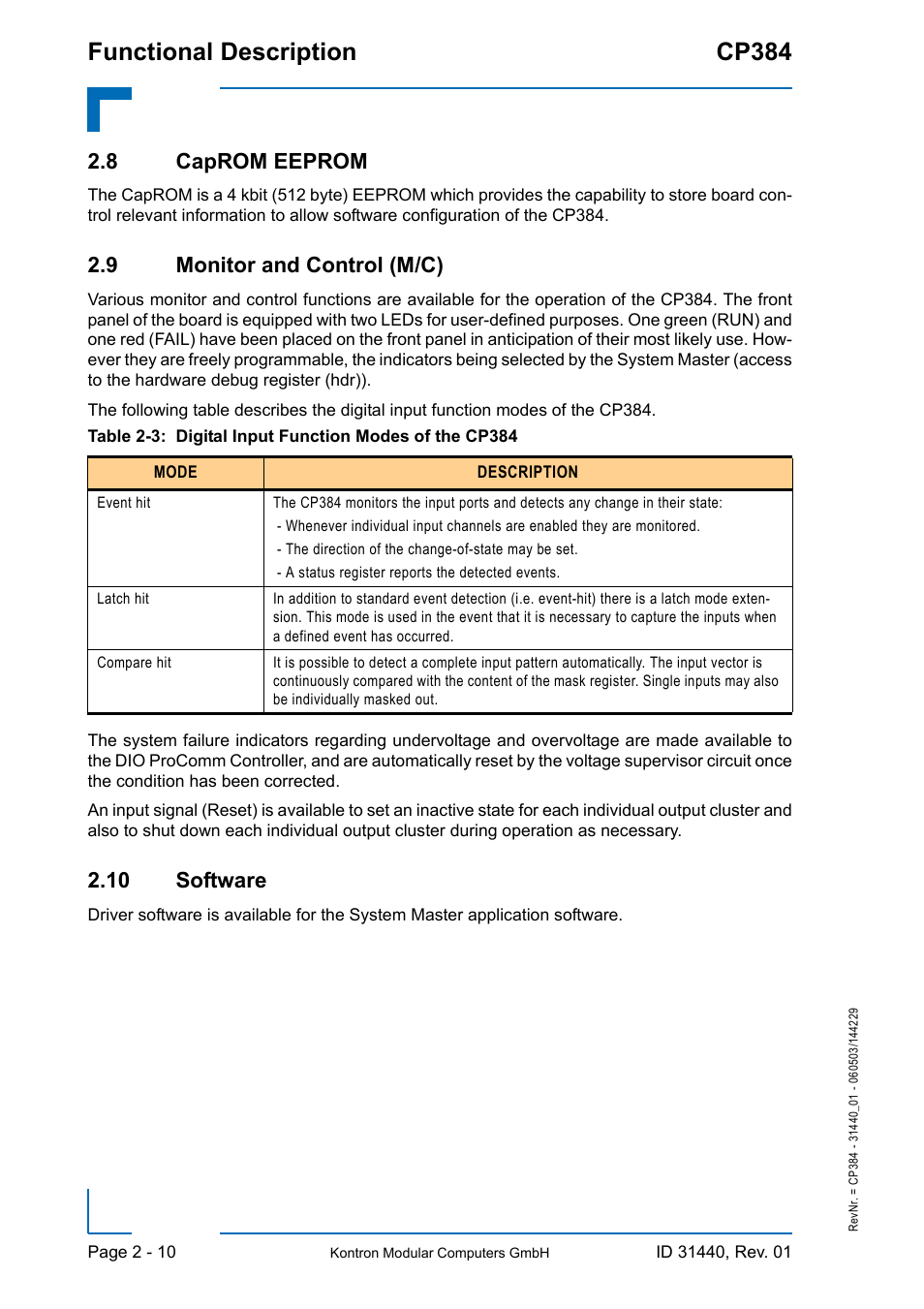 8 caprom eeprom, 9 monitor and control (m/c), 10 software | Functional description cp384 | Kontron CP384 User Manual | Page 40 / 66