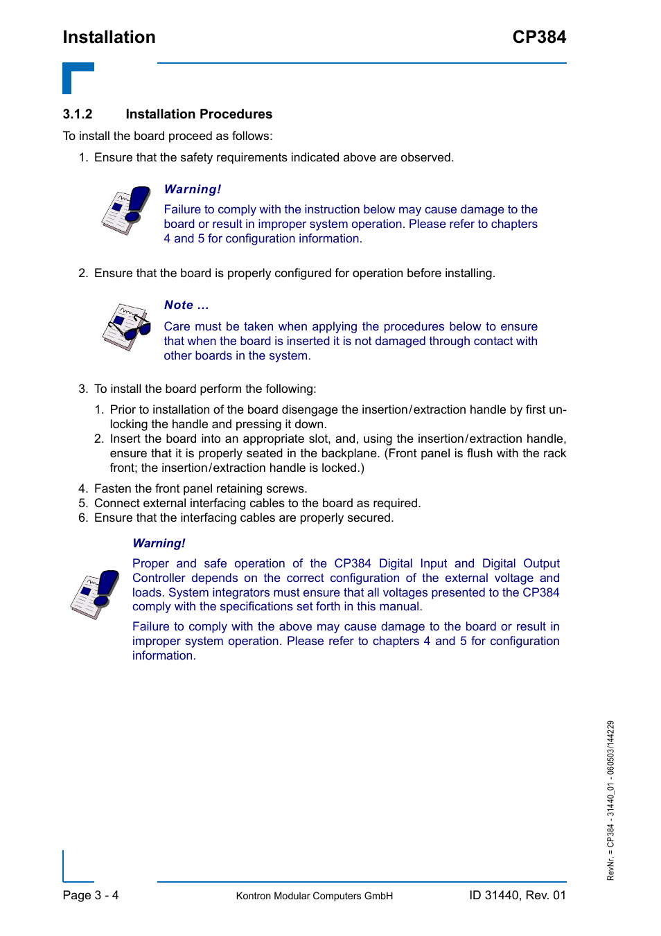 2 installation procedures, Installation procedures - 4, Installation cp384 | Kontron CP384 User Manual | Page 44 / 66