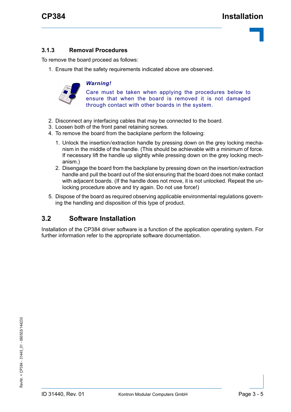 3 removal procedures, 2 software installation, Removal procedures - 5 | 2 software installation - 5, Installation cp384 | Kontron CP384 User Manual | Page 45 / 66
