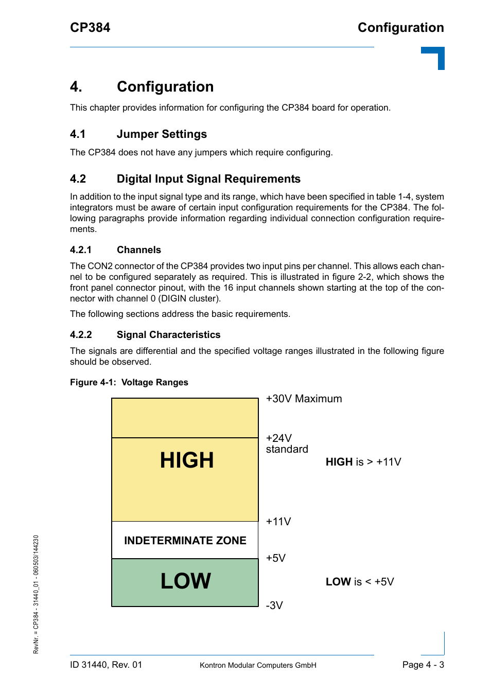 Configuration, 1 jumper settings, 2 digital input signal requirements | 1 channels, 2 signal characteristics, Configuration - 3, Channels - 3, Signal characteristics - 3, High low, Configuration cp384 | Kontron CP384 User Manual | Page 49 / 66