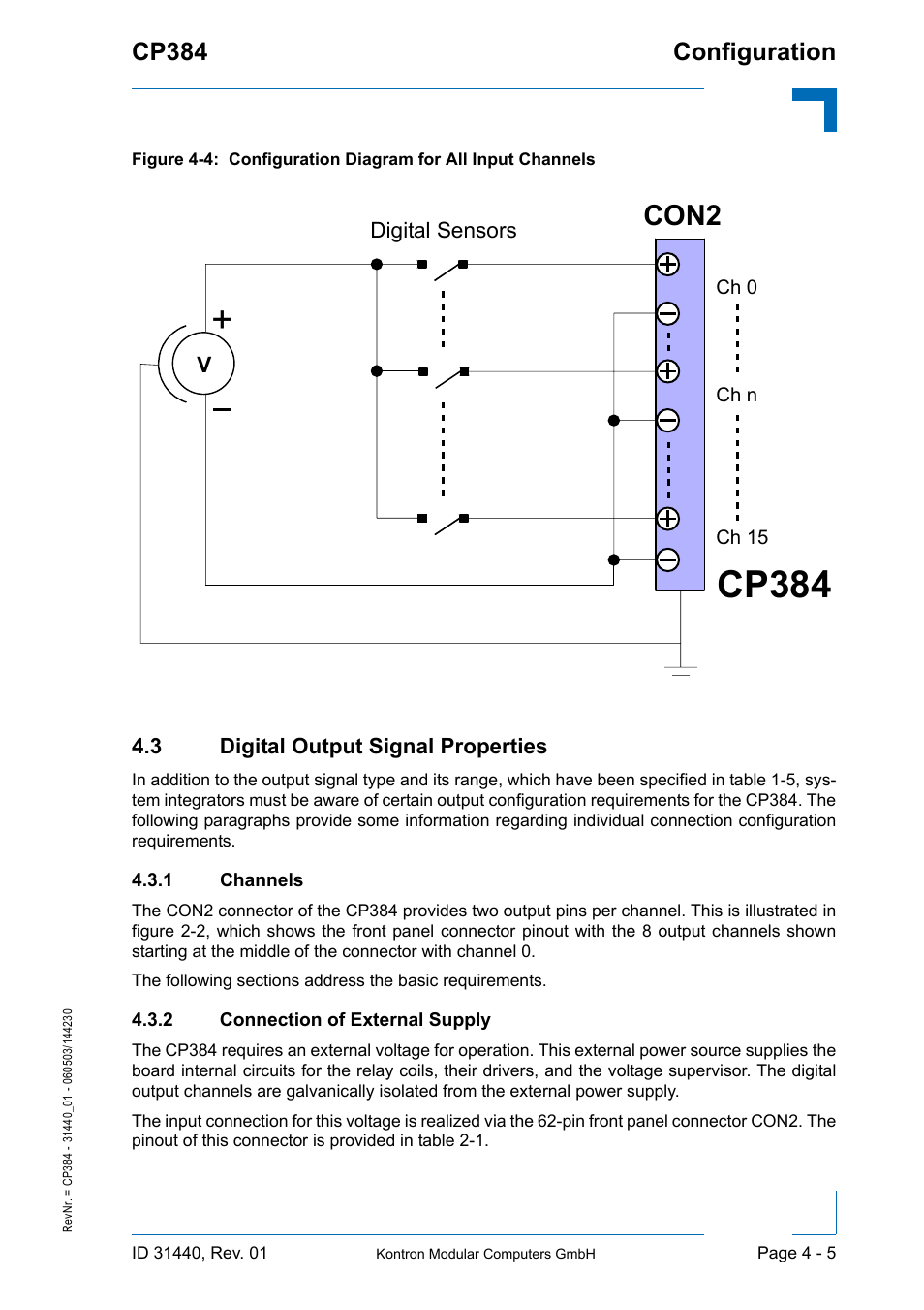 3 digital output signal properties, 1 channels, 2 connection of external supply | 3 digital output signal properties - 5, Channels - 5, Connection of external supply - 5, Cp384, Con2, Configuration cp384 | Kontron CP384 User Manual | Page 51 / 66