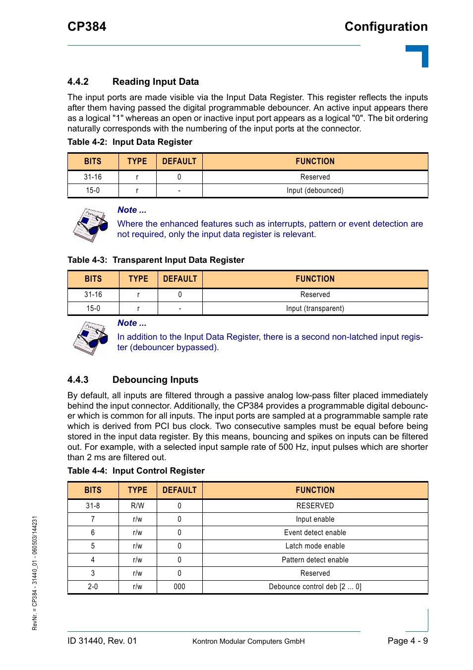 2 reading input data, 3 debouncing inputs, Reading input data - 9 | Debouncing inputs - 9, Configuration cp384 | Kontron CP384 User Manual | Page 55 / 66