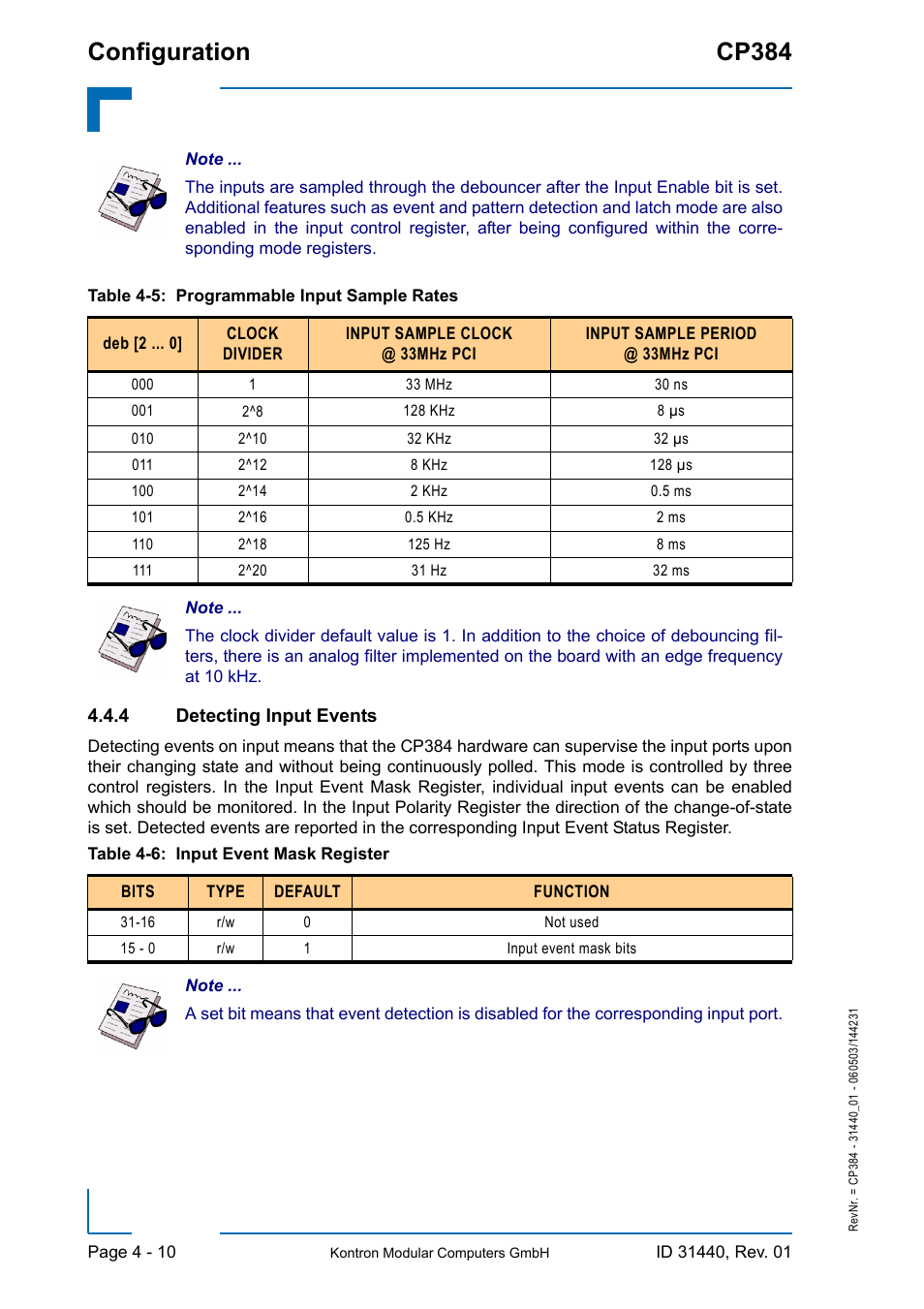 4 detecting input events, Detecting input events - 10, Configuration cp384 | Kontron CP384 User Manual | Page 56 / 66