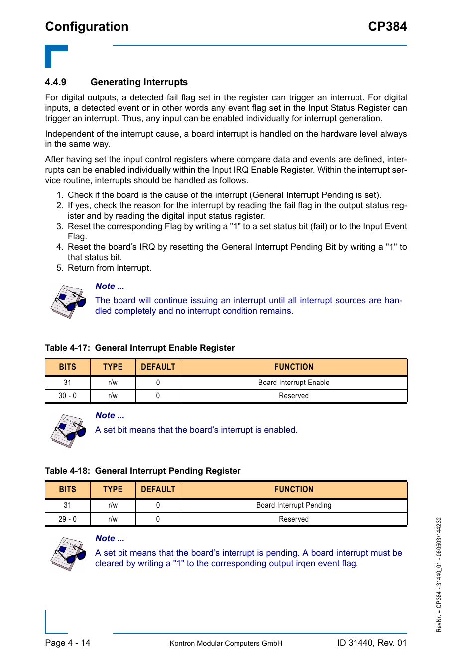 9 generating interrupts, Generating interrupts - 14, Configuration cp384 | Kontron CP384 User Manual | Page 60 / 66