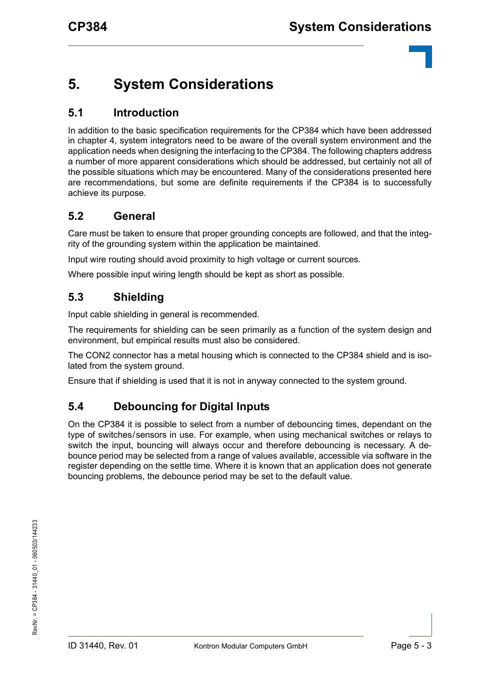 System considerations, 1 introduction, 2 general | 3 shielding, 4 debouncing for digital inputs, System considerations - 3, System considerations cp384 | Kontron CP384 User Manual | Page 65 / 66