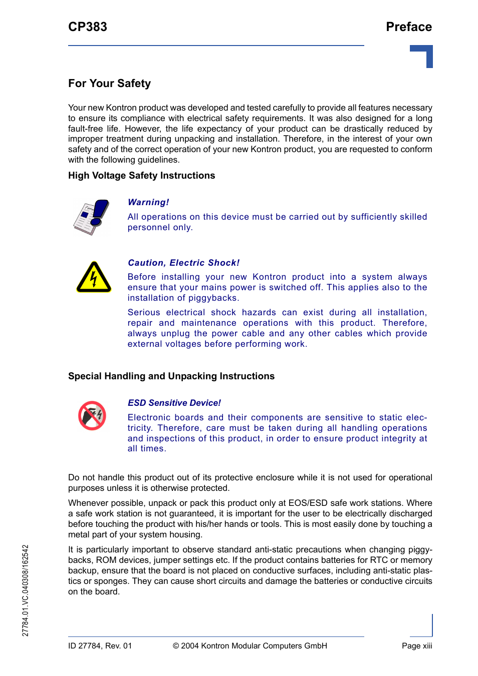 For your safety, High voltage safety instructions, Special handling and unpacking instructions | Cp383 preface | Kontron CP383 User Manual | Page 13 / 74