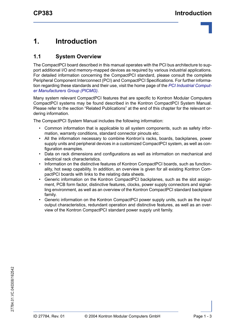 Introduction, 1 system overview, Introduction - 3 | 1 system overview - 3, Cp383 introduction | Kontron CP383 User Manual | Page 19 / 74